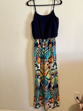 Spaghetti Strap Navy Top Mixed-Print Maxi Dress
